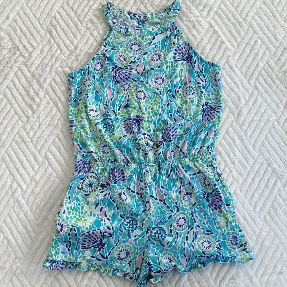 Lilly Pulitzer Girls L 10 Brielle Halter Romper Dream Team Blue Print Floral